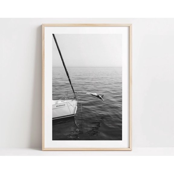 Black And White Sailboat Poster Girl Diving Into Sea, Unframed Paper Poster 8x10in