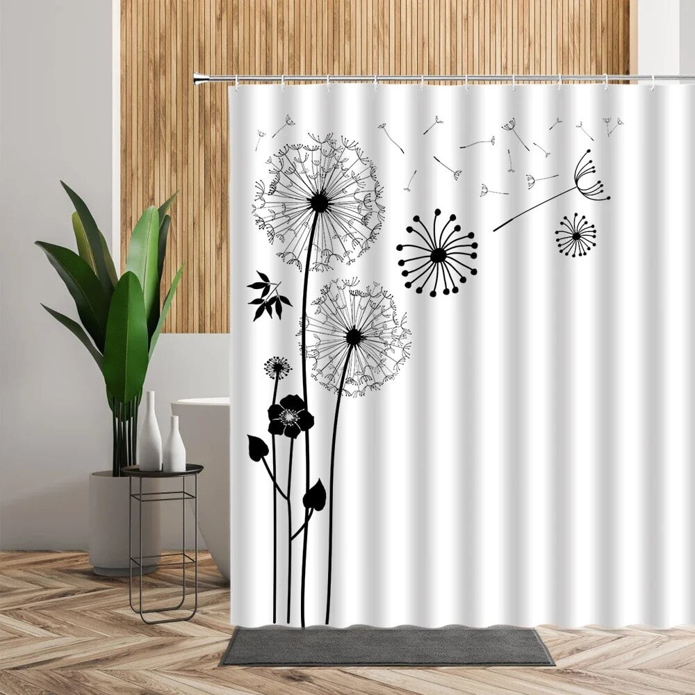 Black And White Shower Curtains Plants Flowers Dandelion Print Fabric