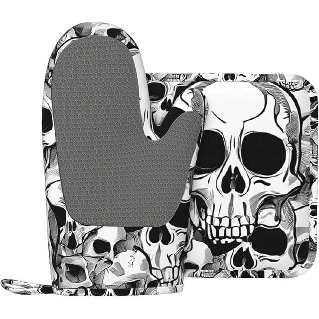 (Black And White Skulls) Oven Mitts And Pot Holders 2Pcs, Kitchen
