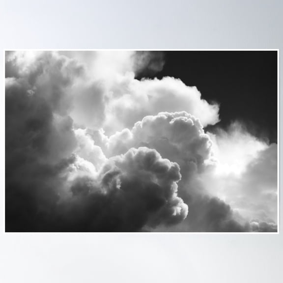 Black And White Sky With Building Puffy Storm Clouds Poster Wall Art, Modern Wall Decor, 24x36 UNFRAMED
