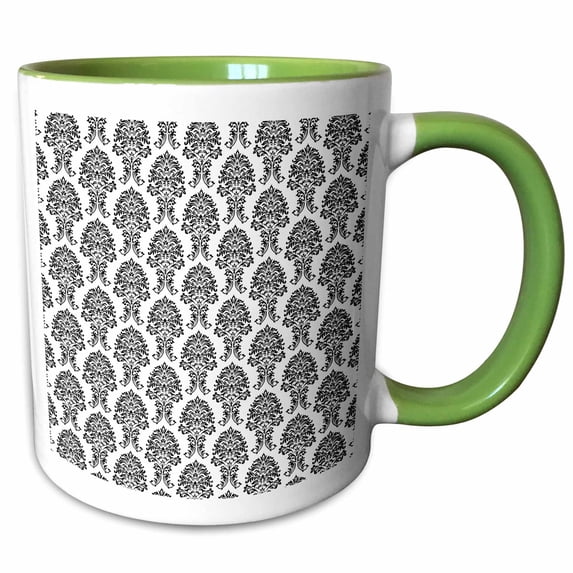 3drose, Black and White Spaced Leafy Damask Pattern, 11oz Two-tone Green Mug