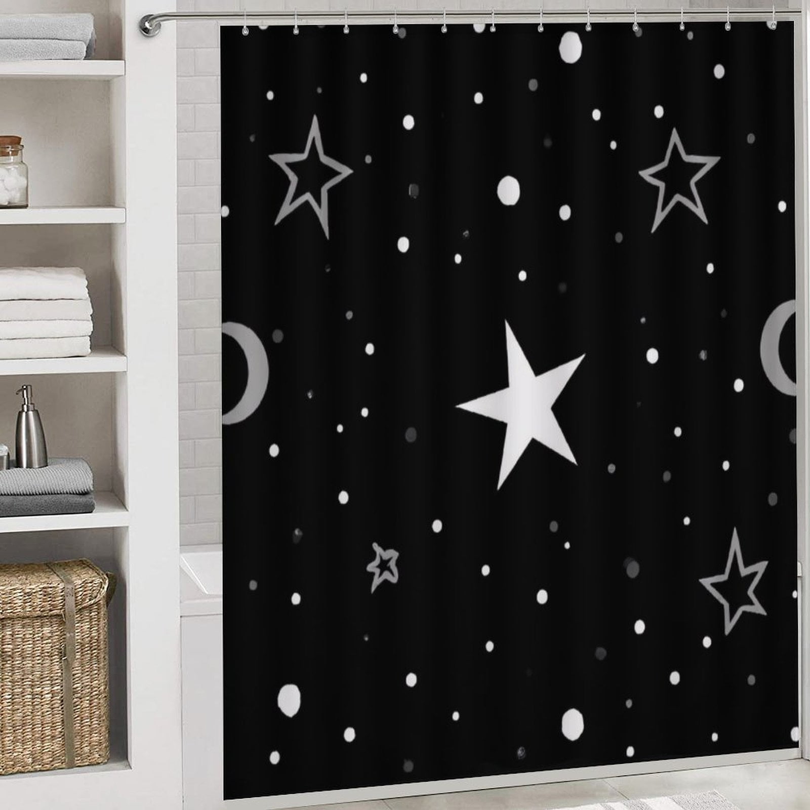 Neasow Black Starry Sky Shower Curtain - Night With Stars And Moon Bathroom Decor, Waterproof Polyester Fabric 72x72 Inches With Hooks