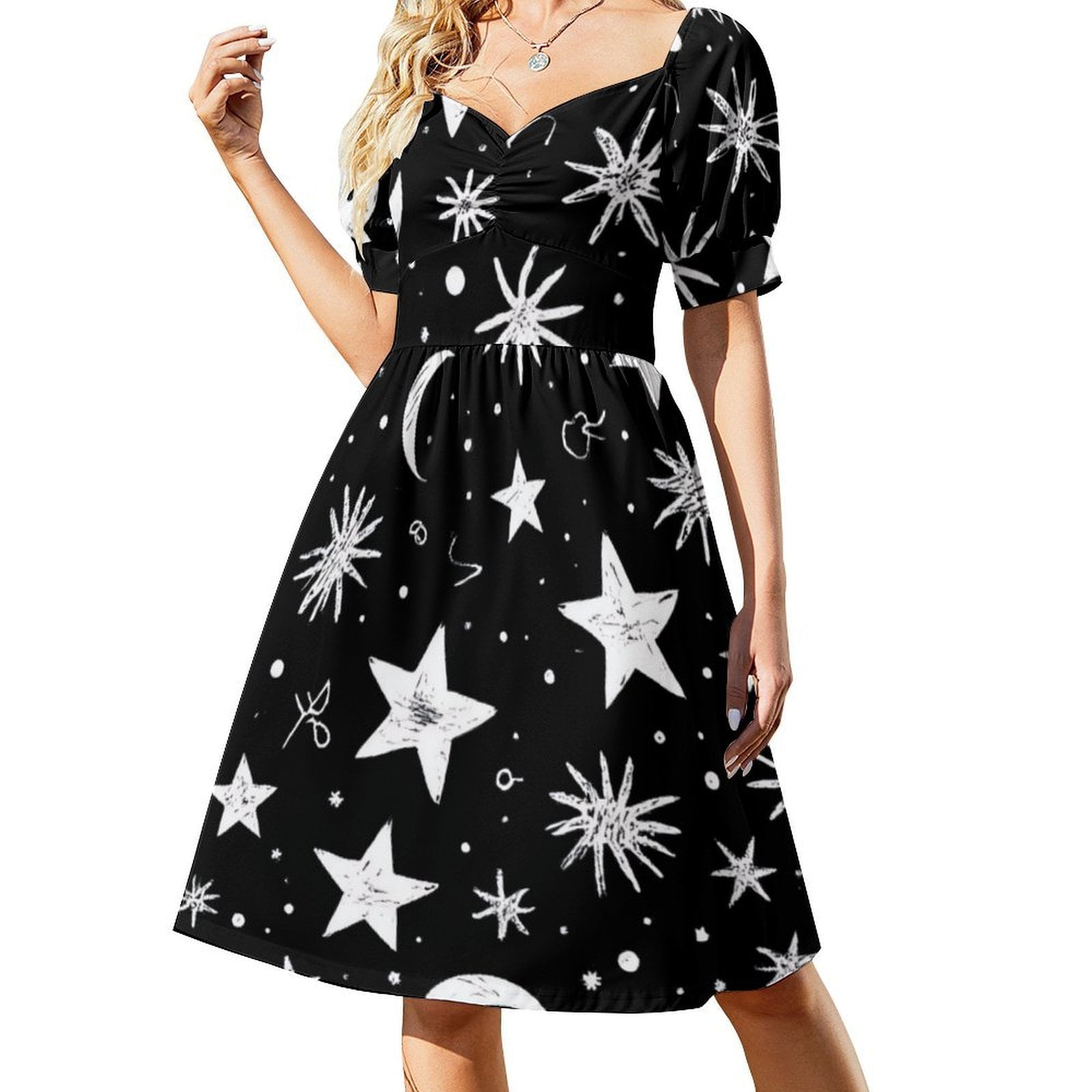 Black And White Starry Night Print Summer Women's Dress 2025 Elegant