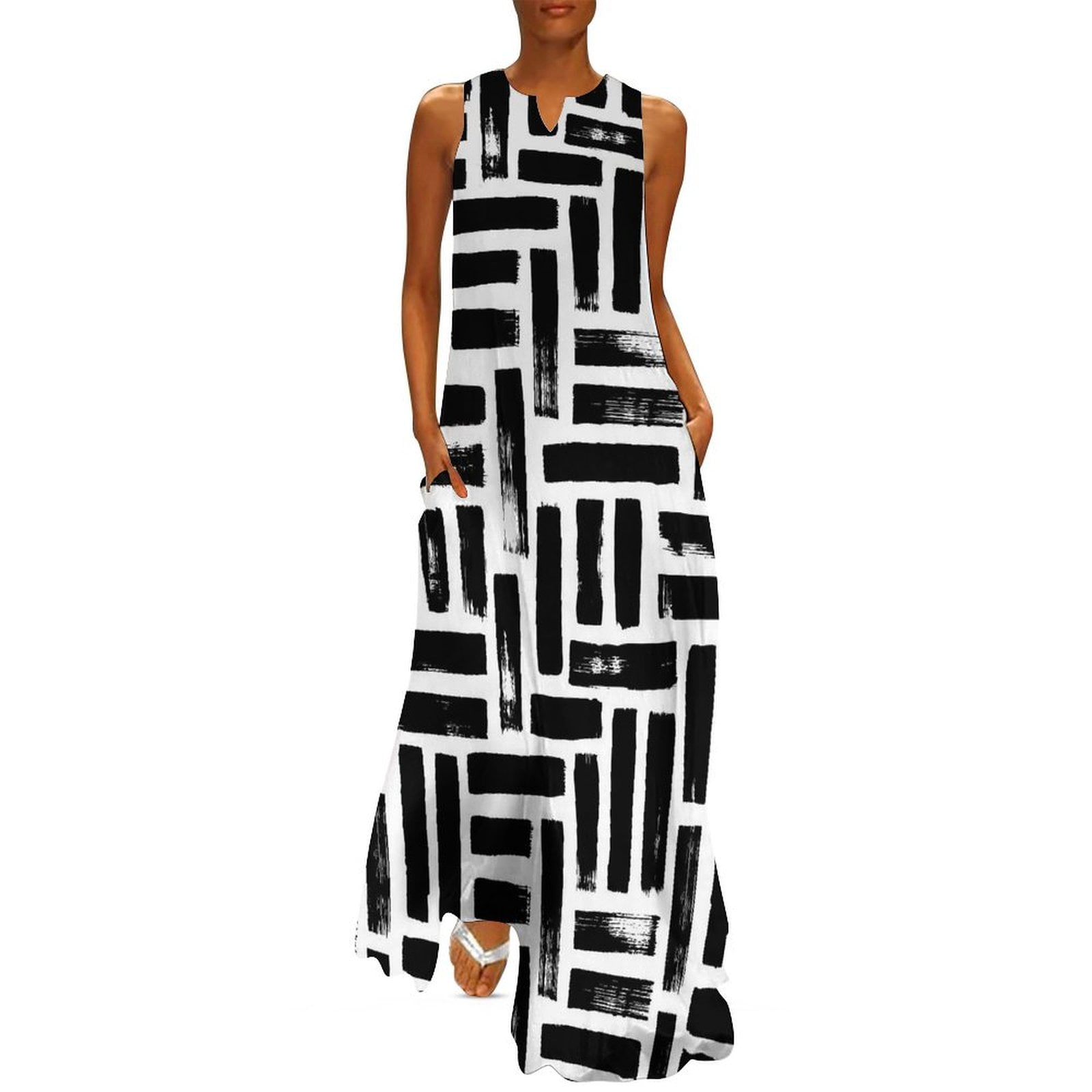 Black And White Striped Dress Summer Abstract Lines Street Fashion
