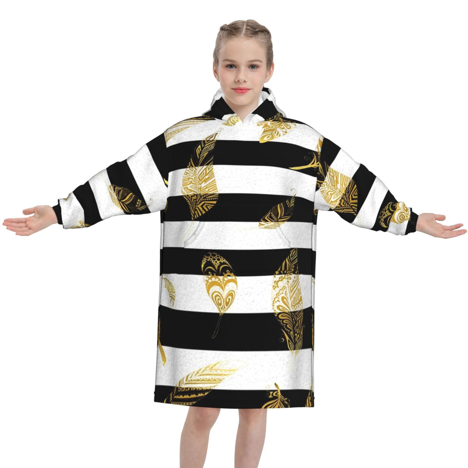 Black And White Striped Gold Leaf Oversized Blanket Hoodie Wearable