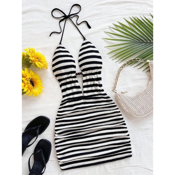 Black And White Striped Knit Deep V-Neck Halter Tie Back Bodycon Mini ...