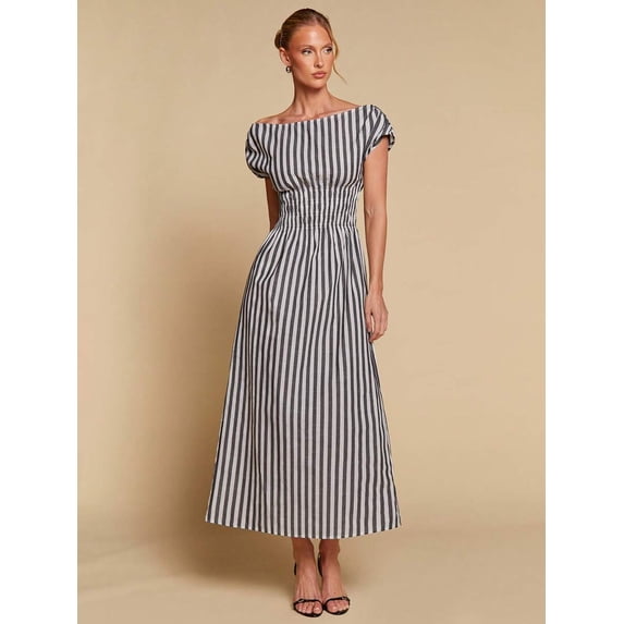 Black And White Striped Off Shoulder Cinched Waist Maxi Dress For Women