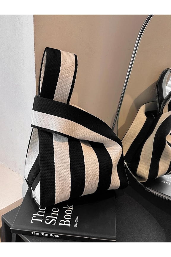 Black And White Striped Top Handle Tote Bag, Polyester Woven, One Piece