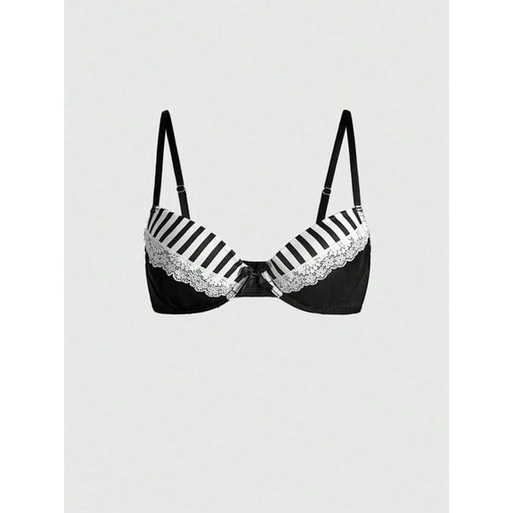 Black And White Striped Underwire Molded Cup Lace Bra