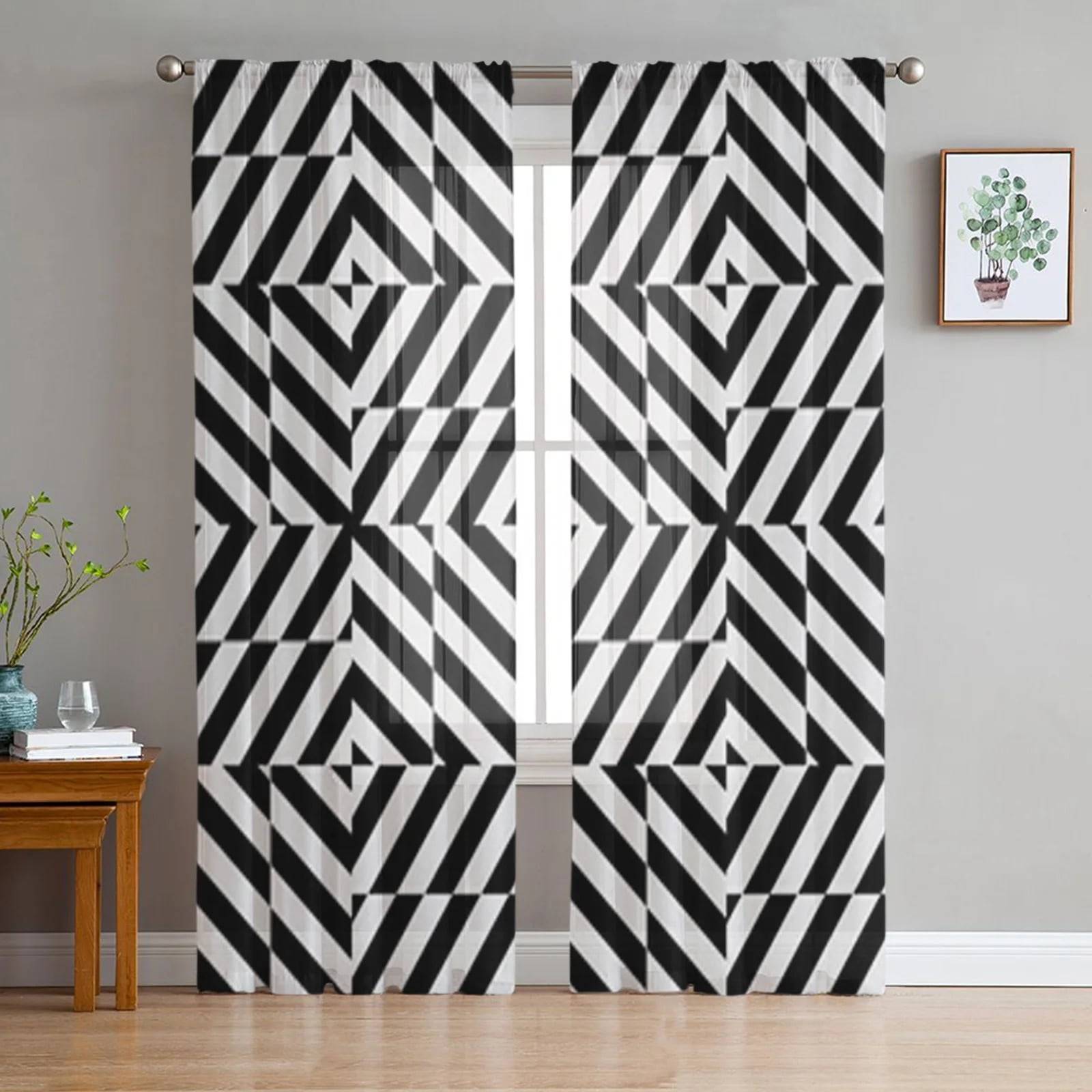 Black And White Stripes Geometric Tulle Window Curtain for Living Room ...