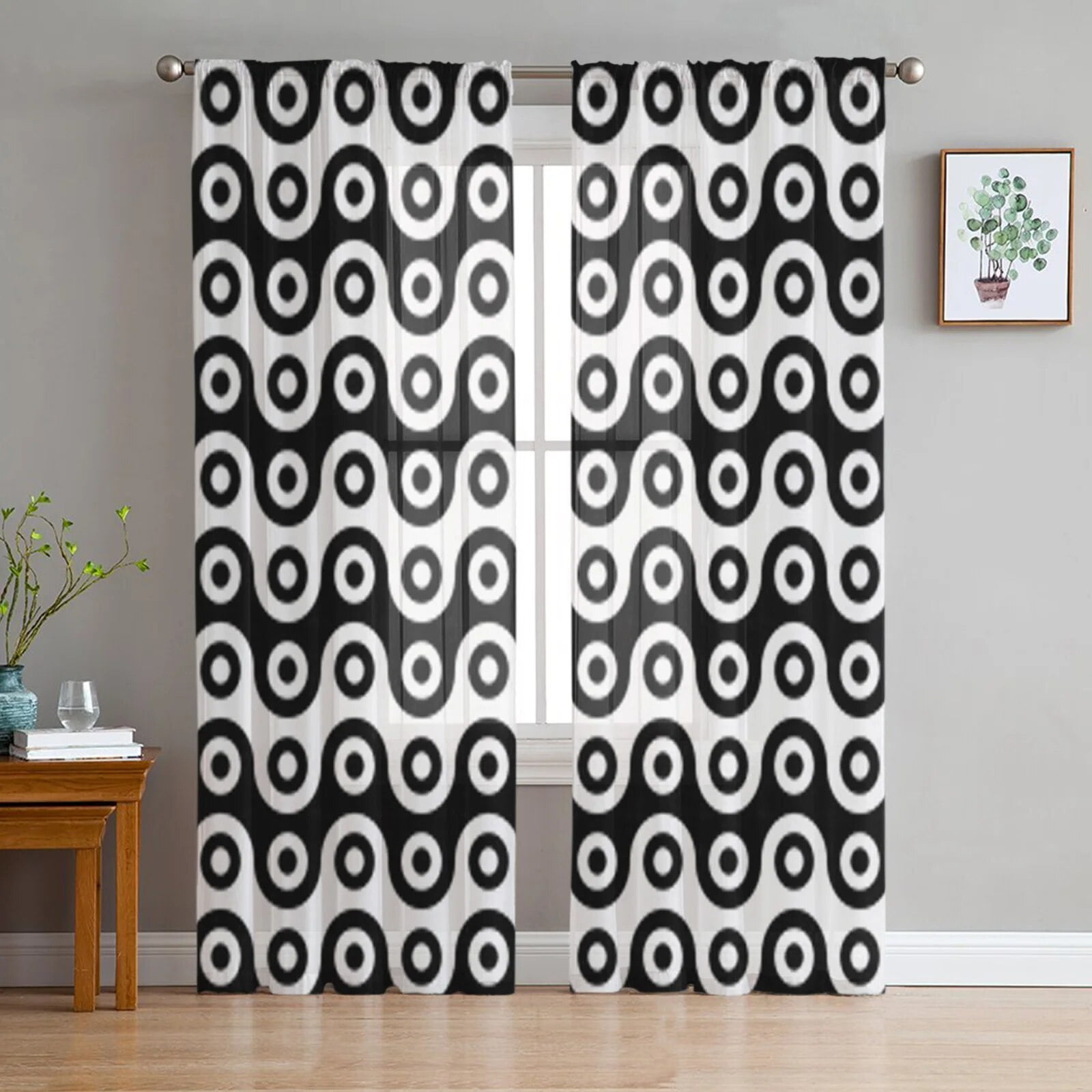 Black And White Stripes Geometric Tulle Window Curtain for Living Room ...