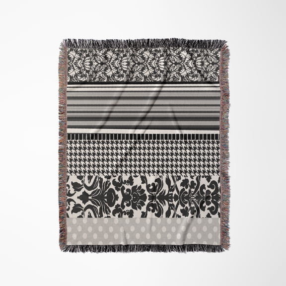 Black And White Stylish Pattern With Damask Houndstooth Stripes And Polka Dots - Gray Classy Modern, Woven Blanket