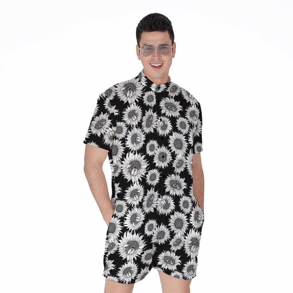 Black And White Sunflower Pattern Short Sleeve Men'S Rompers, Sunflower Flower Floral Casual Summer Jumpsuits Outfit