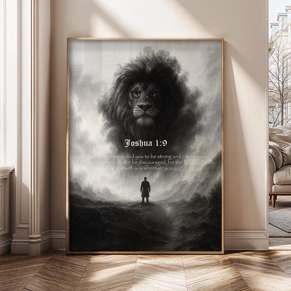 Black And White Surreal Lion Clouds With Joshua 1 9 Strength Courage Faith Inspirational Decorative Wall Art Poster , Poster Print Only
