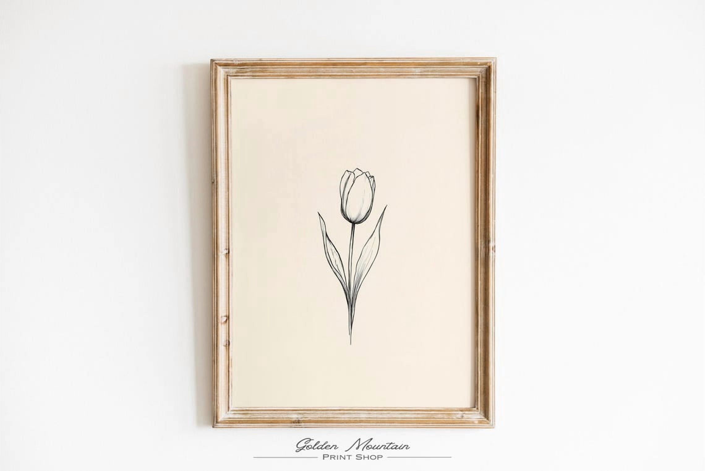 Black And White Tulip Line Art Wall Art Print, Minimalist Spring ...