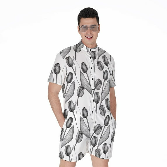 Black And White Tulip Pattern Short Sleeve Men'S Rompers Casual Summer Jumpsuits Outfit