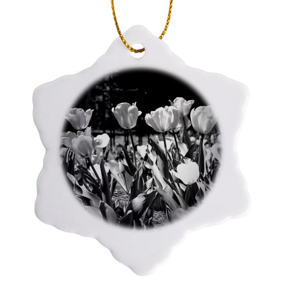 3drose, Black and White Tulips, 3 inch Snowflake Porcelain Ornament