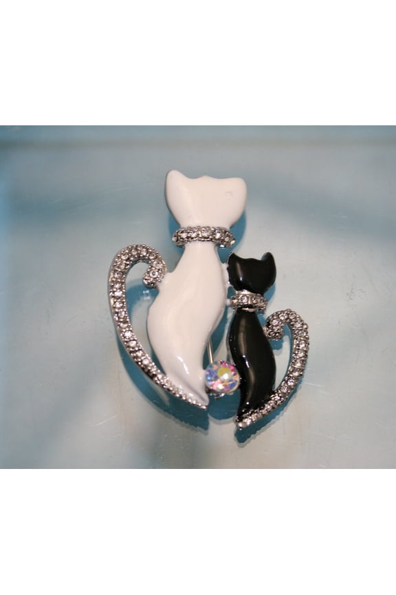 Black And White Two Cute Sitting Cat Kitten Kitty Brooch Pin for Women, Rhinestone Animal Jewelry
