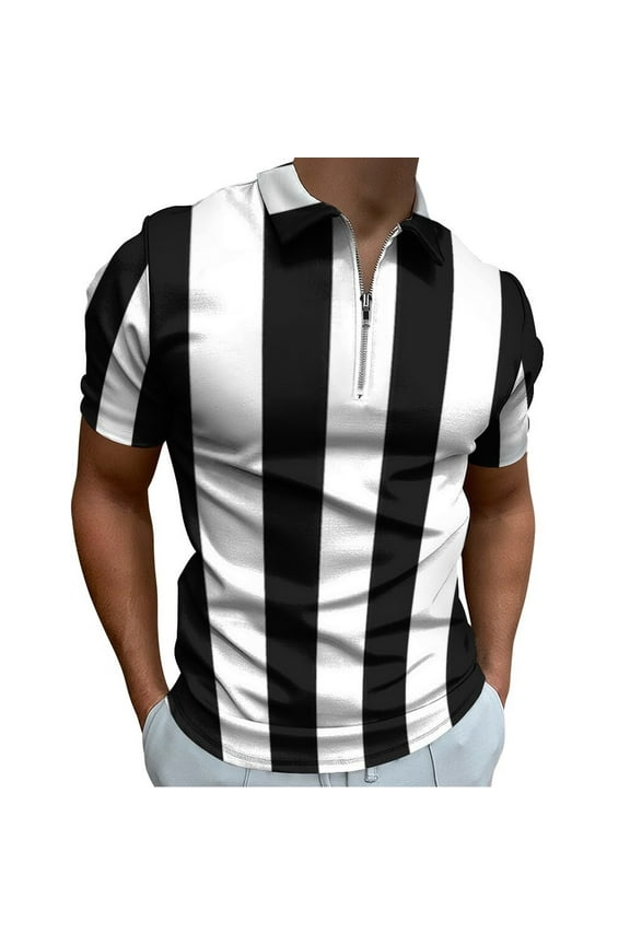 Black And White Vertical Stripes Men Zipper T-shirt Summer Casual Short Sleeve T-shirt Top