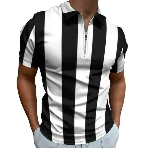 Black And White Vertical Stripes Men Zipper T-shirt Summer Casual Short Sleeve T-shirt Top