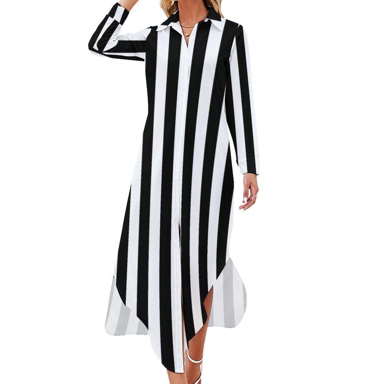 Black And White Vertical Stripes Shirt Dress Long Sleeve Street Fashion — free download