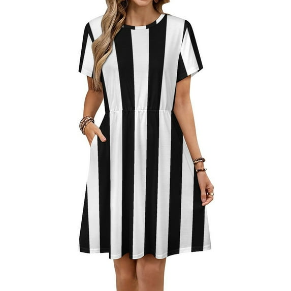 Black And White Vertical Stripes Sundress Short Sleeve Dress Summer Women Clothes Dress for Women Dresses
