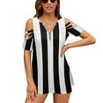 thumbnail image 1 of Black And White Vertical Stripes Womens Summer V Neck Zipper Top Short Sleeve T Shirt Off Shoulder Top Casual Classy Loose Shirts, 1 of 7