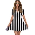 thumbnail image 1 of Black And White Vertical Women Dress V-Neck Short Sleeve Flowy Swing Party Midi Dress, 1 of 4