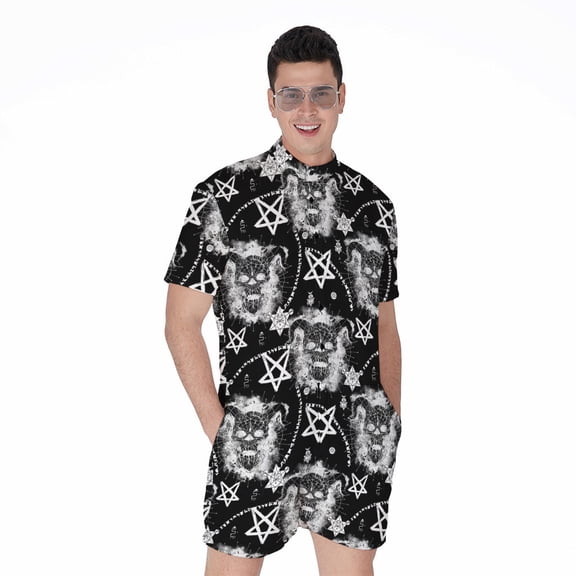 Black And White Wicca Devil Skull Short Sleeve Men'S Rompers, Skull Lover Gifts Casual Summer Jumpsuits Outfit