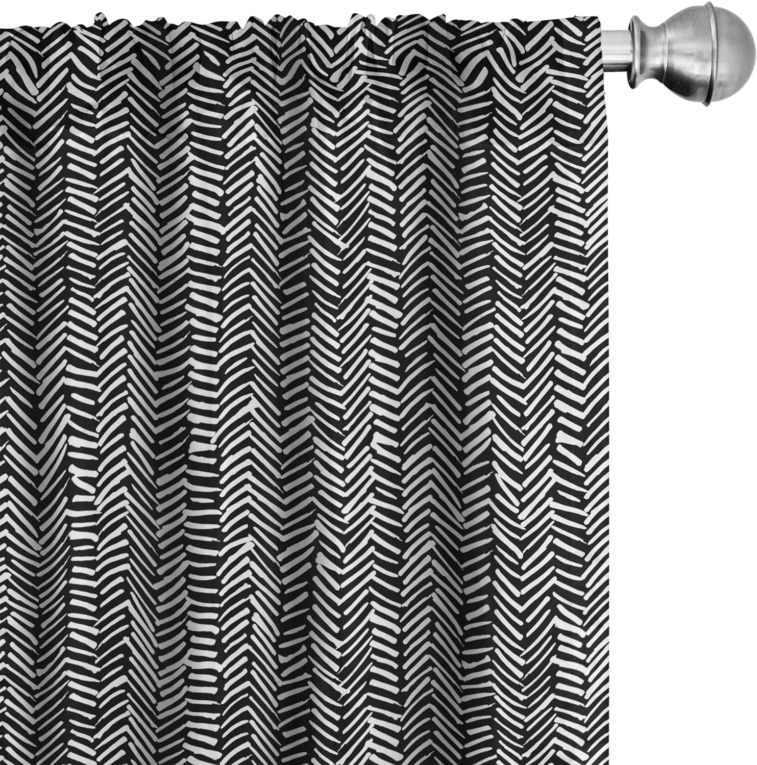 Black And White Window Curtains, Abstract Monochrome VShaped Stripes Arrangement Hand Drawn
