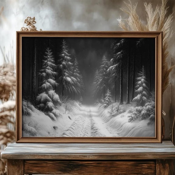 Black And White Winter Forest Art - Minimalist Snow Landscape Home Decor, 12x18 UNFRAMED