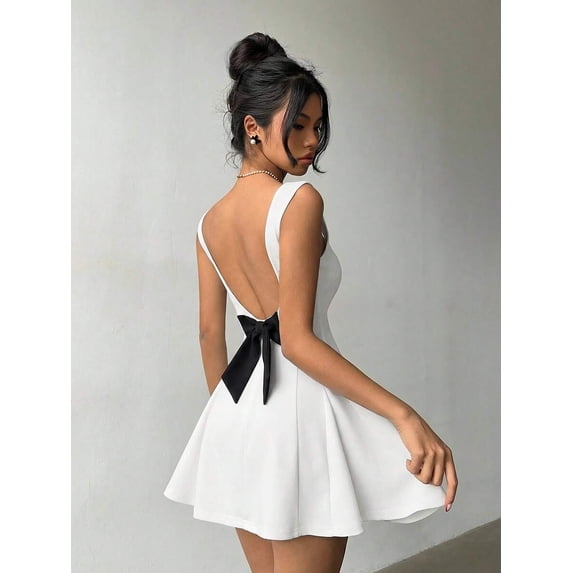 Black And White Womens Backless Bow Decor Square Neck Sleeveless Mini Dress For Party Summer Casual