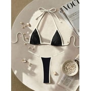 Black And White Womens Micro Triangle Bikini Set With Contrast Trim, Brazilian Cut Two-Piece Swimwear