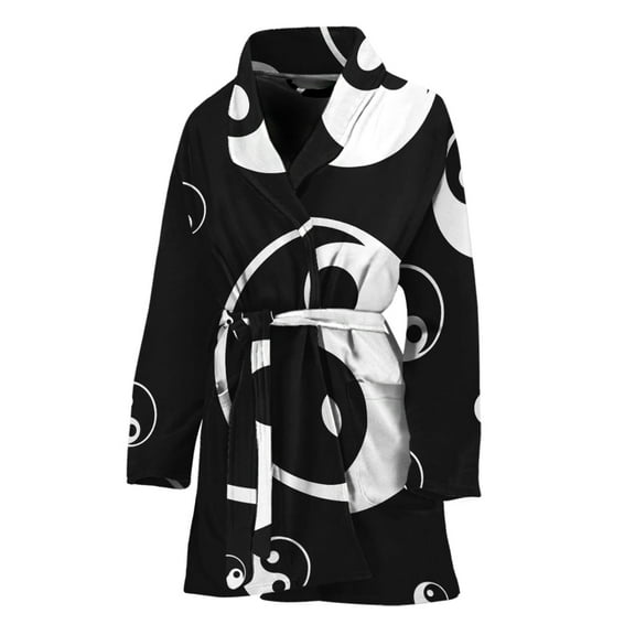 Black And White Yin Yang Pattern Women Bathrobe One Size Univeral Fits, Yinyang Fashion Lightweight Plush Fleece Long Robe For Women