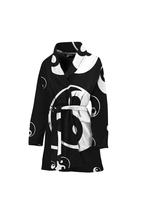 Black And White Yin Yang Pattern Women Bathrobe One Size Univeral Fits, Yinyang Fashion Lightweight Plush Fleece Long Robe For Women
