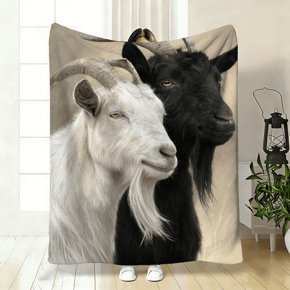 Black And White for Goat Patterned Flannel Blanket, Suitable for All Seasons, Perfect for Camping, Travel, And Home Decoration.