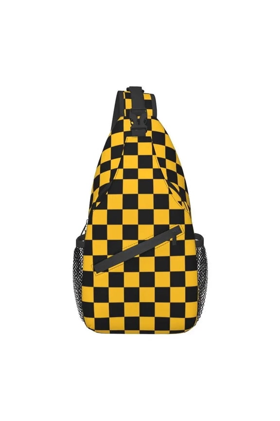 Black And Yellow Checkerboard Pattern Sling Bag for Men Cool Checkered Shoulder Chest Crossbody Backpack Travel Hiking Daypack