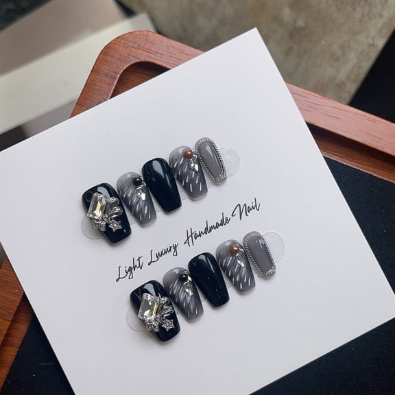 Black Angel, dark hand-painted wings, elegant and white, hand-worn armor, hand-made advanced manicure