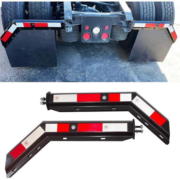 Black Angled Spring Loaded Mud Flap Hanger Bracket Set 1-1/8 Inch Bolt Spacing 30 Inch Length with Reflective Tape