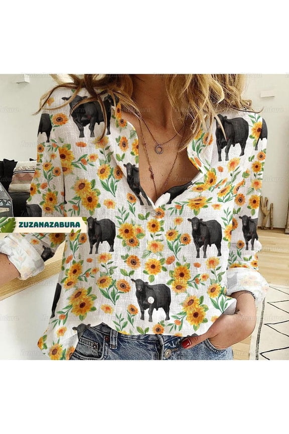 Black Angus Cattle Blouses Shirt, Sunflower And Cow Women Casual Shirt, Women's Clothing, Button Up Shirt, Long Sleeve Shirt, Gift For Her