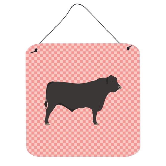 Black Angus Cow Pink Check Metal Wall Hanging Print, 6" x 6"