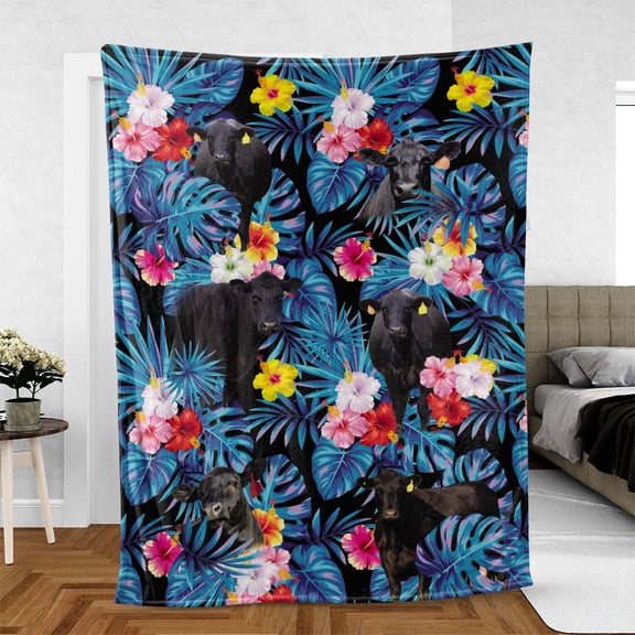 Black Angus Tropical Flowers Leaves Pattern Blanket, Farmer, 60x80in Fleece Blanket