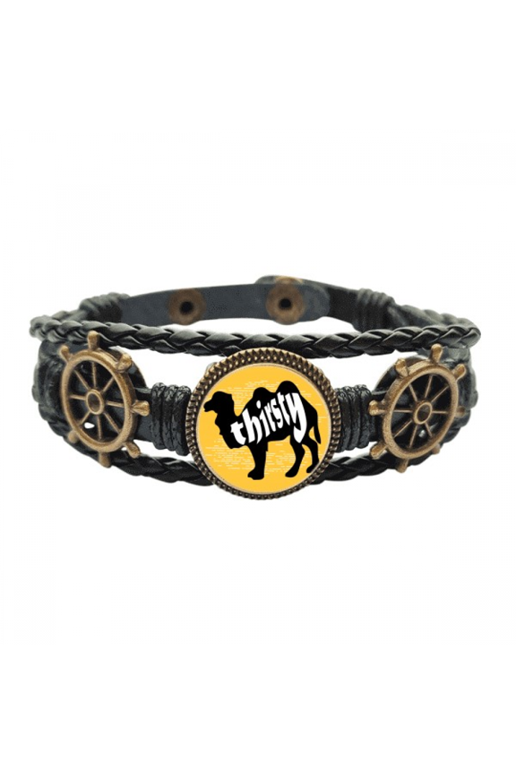 Black Animal Camel Outline Natural Leather Braided Ocean Bracelet Wristband