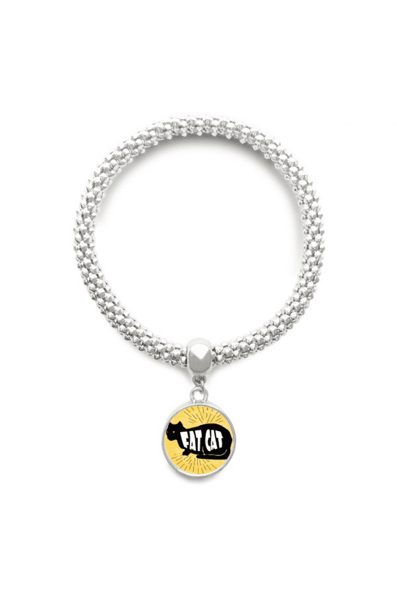 Black Animal Cat Outline Natural Sliver Bracelet Pendant Jewelry Chain Adjustable Bangle