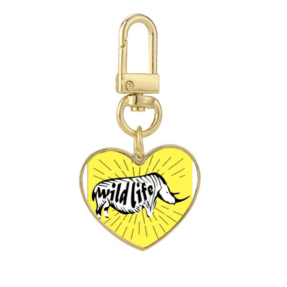 Black Animal Rhinoceros Outline Natural Gold Heart Keychain Metal Keyring Holder