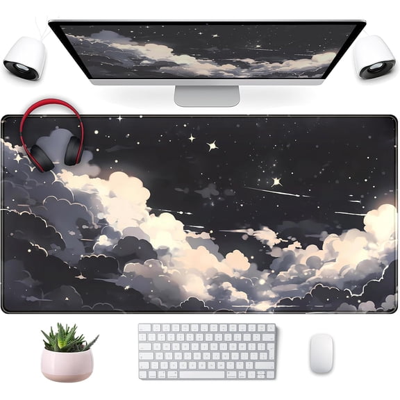 Black Anime Cloud Desk Mat XXL Large Gaming Mouse Pad Computer Laptop Mat, Extended Non-Slip Rubber Base Mousepad Keyboard and Mouse Mat, Night Sky Desk Pad with Stitched Edges, 31.5x15.75 in