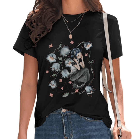 Black Anime Girl Listening to Music with Blue Bell Flowers Print Tshirt Graphic Tees Shirts Y2K Aesthetic Coquette Floral Lover Tops S-5XL