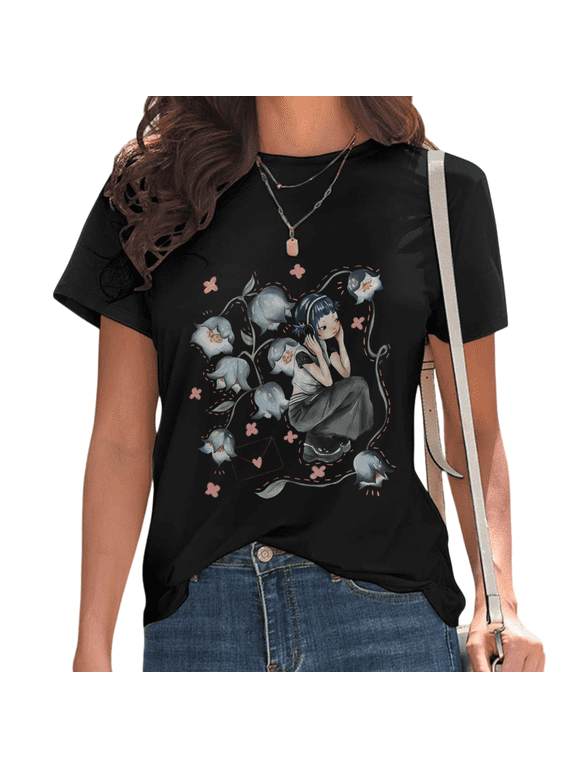 Black Anime Girl Listening to Music with Blue Bell Flowers Print Tshirt Graphic Tees Shirts Y2K Aesthetic Coquette Floral Lover Tops S-5XL