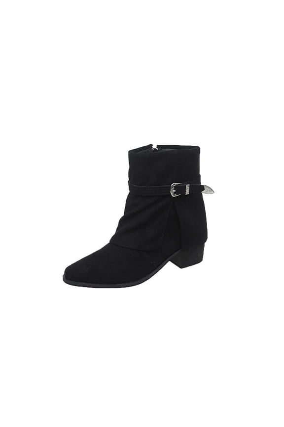 Black Ankle Boots For Womens With Fold Over Cuff Belt Buckle Round Square Toe Side Zipper Chunky Low Heel For Casual Winter Everyday Wear Size 36