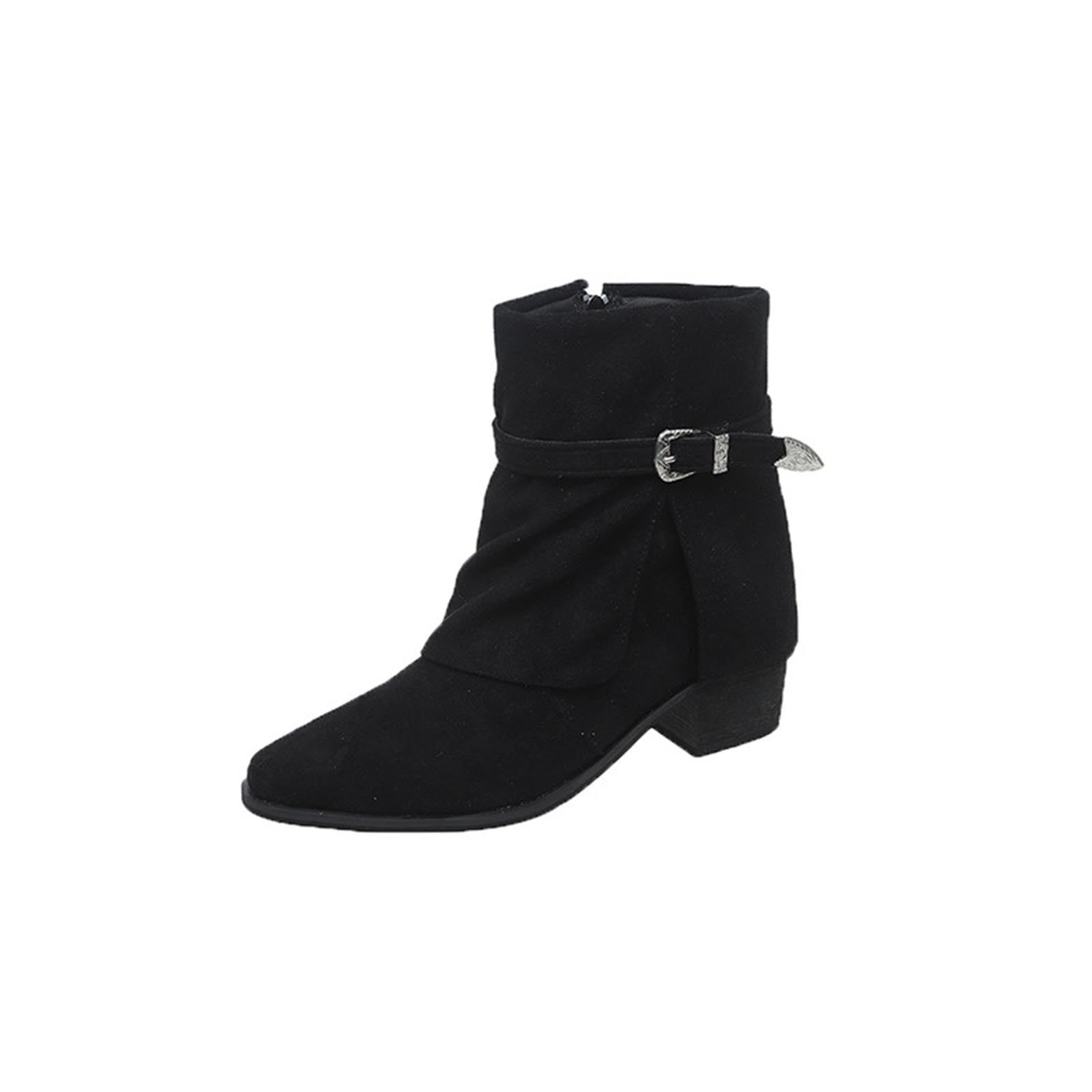 Black Ankle Boots For Womens With Fold Over Cuff Belt Buckle Round ...